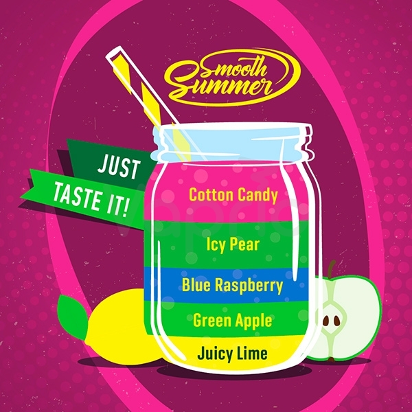 Příchuť Big Mouth Smooth Summer - Cukrová vata a ledová hruška (Juicy Lime, Green Apple, Blue Raspberry, Icy Pear, Cotton Candy)