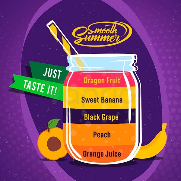 Příchuť Big Mouth Smooth Summer - Hroznové víno a banán (Orange Juice, Peach, Black Grape, Sweet Banana, Dragon Fruit)