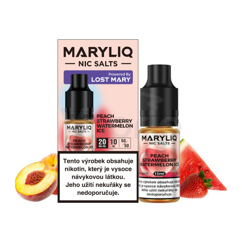 MARYLIQ Nic SALT - Chladivá broskev, jahoda a vodní meloun (Peach Strawberry Watermelon Ice) 10ml